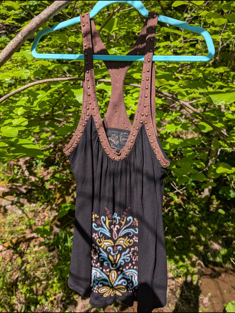 Soul Revival Black Tank Top with Brown Studded Trim
